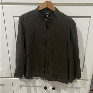 Eileen Fisher Mandarin Collar Brown Button-Up Blouse